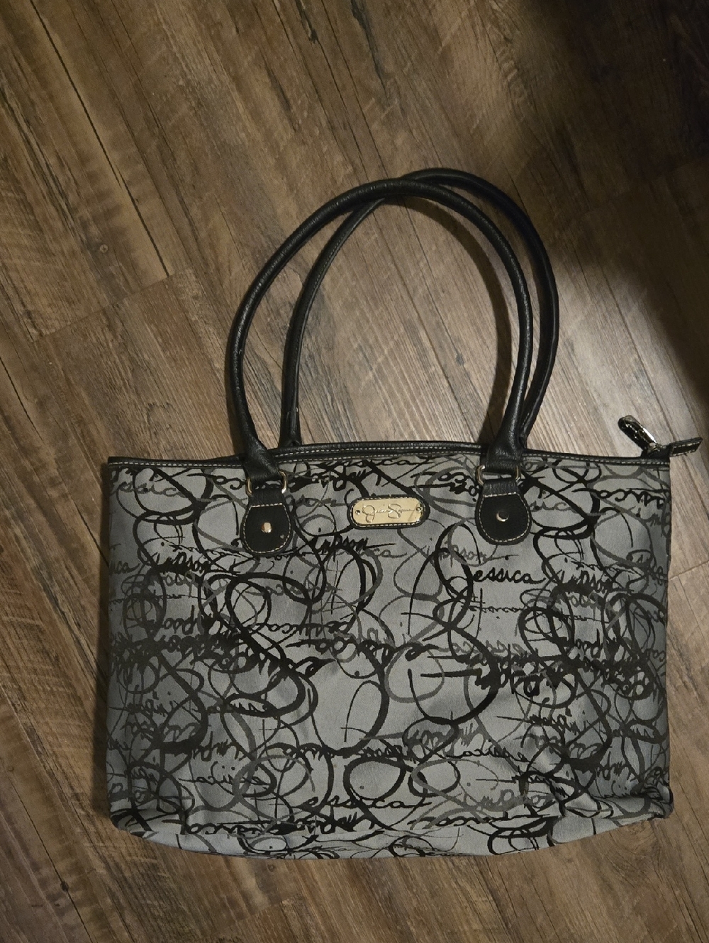 Jessica Simpson Grey and Black Script Tote Bag